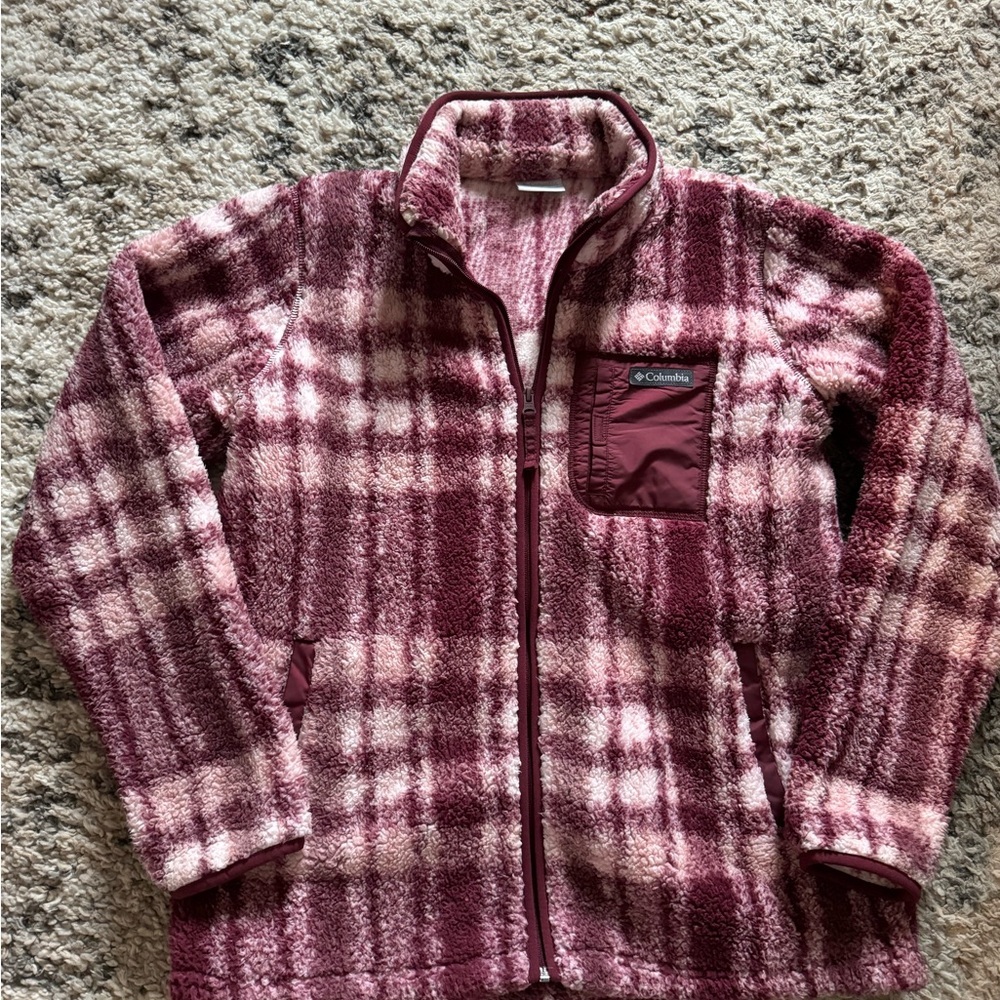 Columbia  Burgundy and Light Pink Plaid Fleece Puffer Jacket